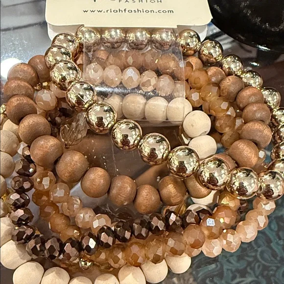 Riah Fashion Brown and Gold Beaded Bracelet Set - Picture 2 of 4